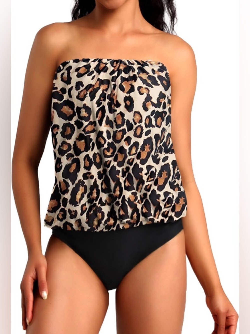 Chenghe Strapless 2 Piece Bandeau Tankini Blouson Swimsuit Leopard Black 3XL NWT